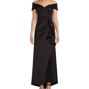 Xscape Off-Shoulder Black Maxi Gown with Side Ruffle from Dillards